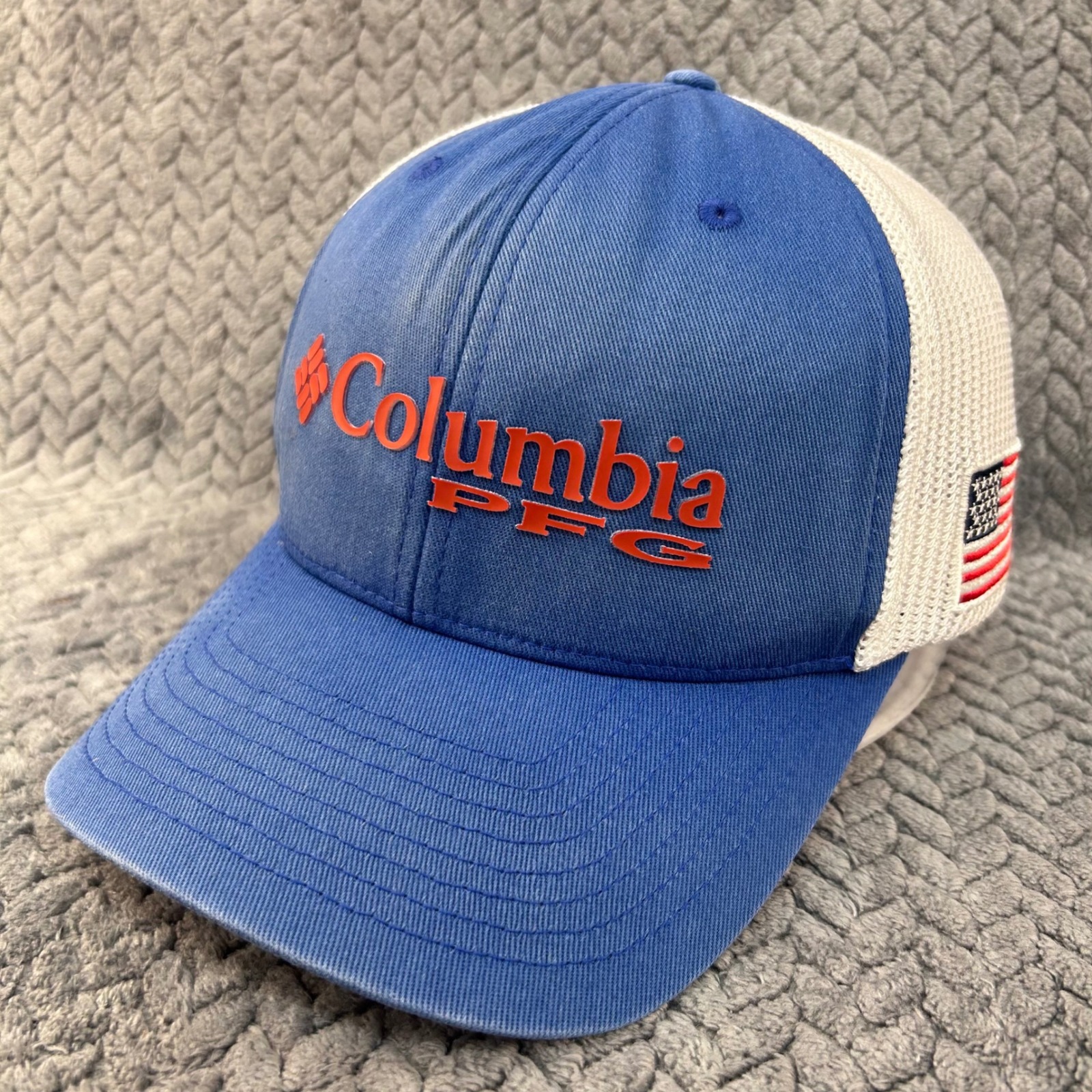 Columbia Pfg Logo Unisex Blue White Hat Mesh Back Flexfit Fishing Cap S/M
